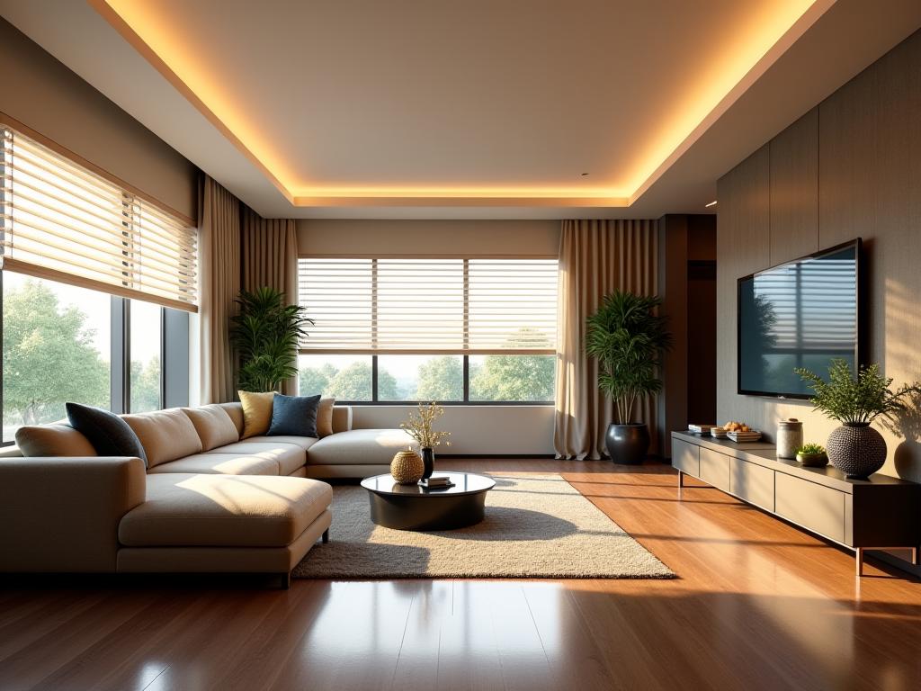Ruang tamu rumah pintar dengan semua automasi aktif